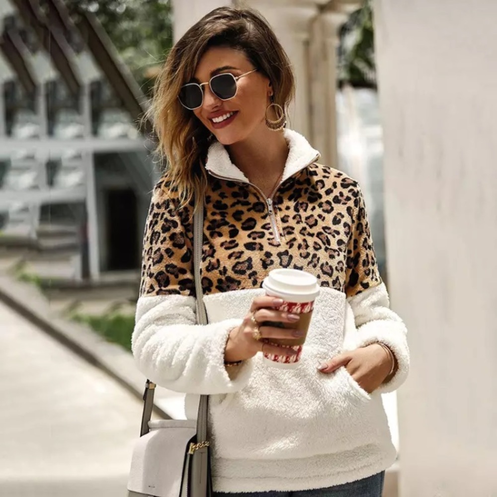 Women’s Leopard Print Faux Fur Fleece Sweatshirt